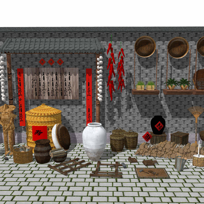  中式农家小院农具su模型 