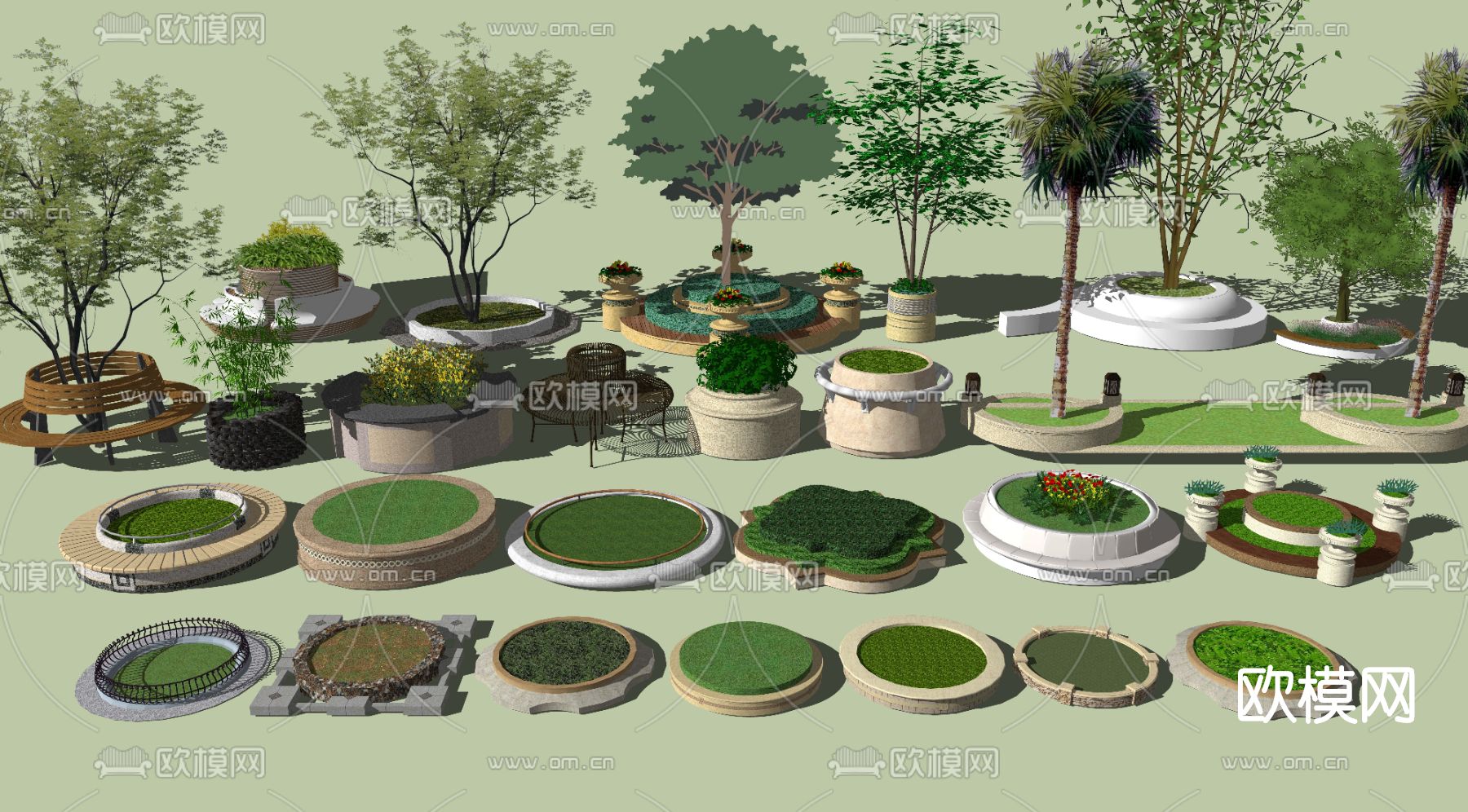 现代树池花坛公用椅su模型下载