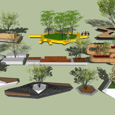  现代树池花坛公用椅su模型 