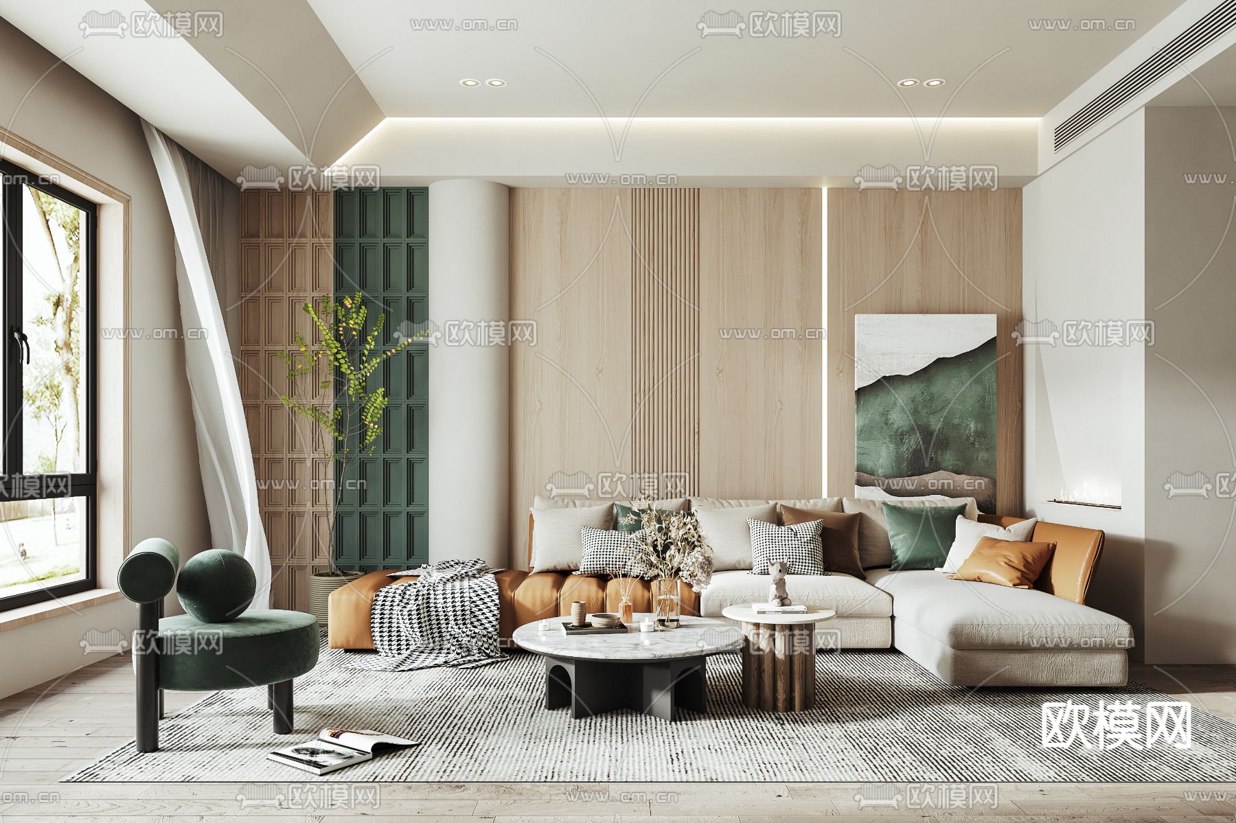 现代布艺转角沙发组合3d模型下载（渲染图1）