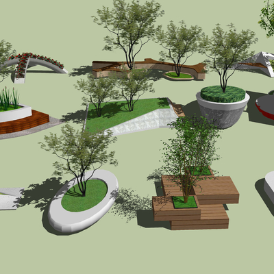  现代树池花坛公用椅su模型 