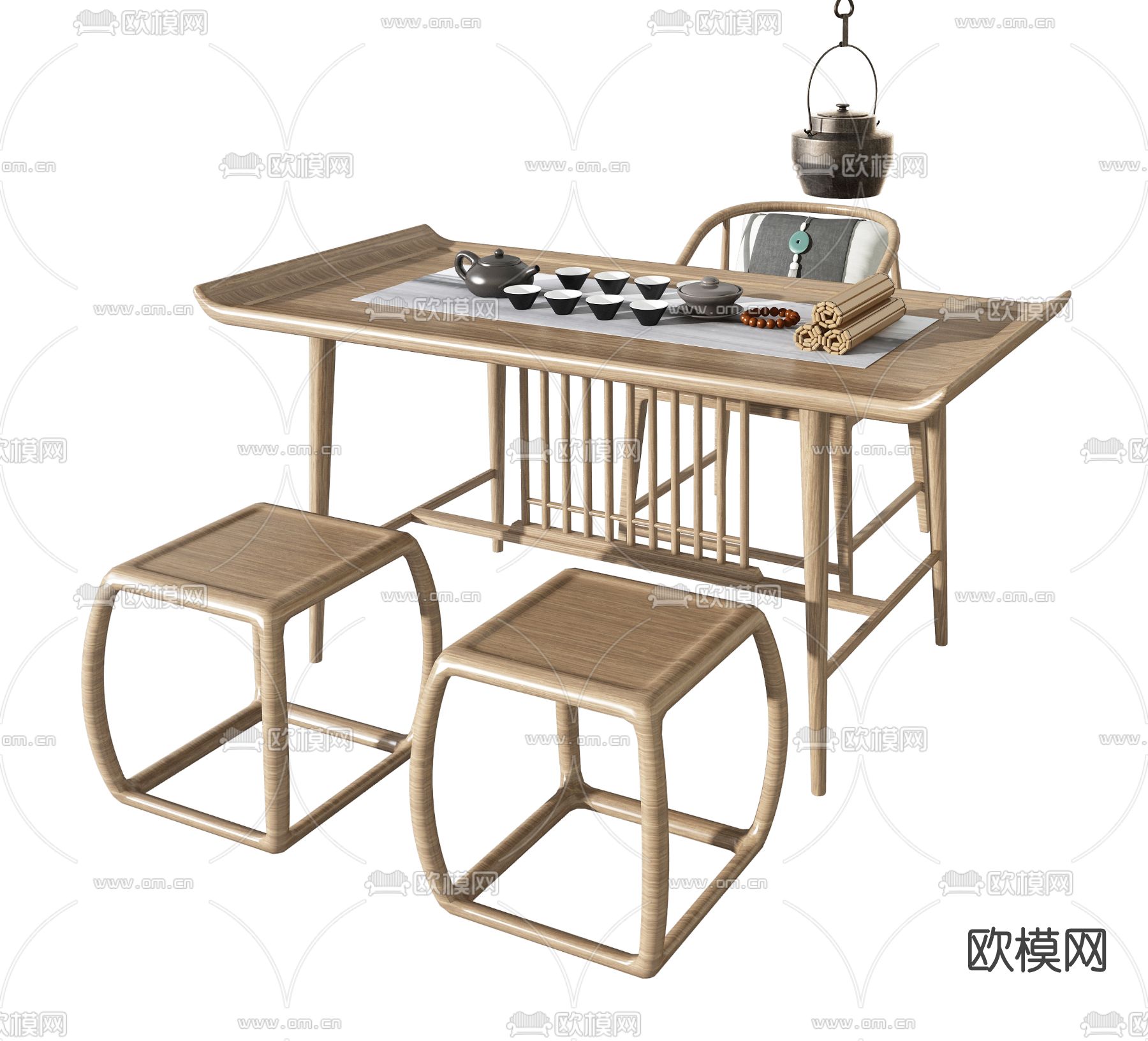 新中式实木茶桌椅3d模型