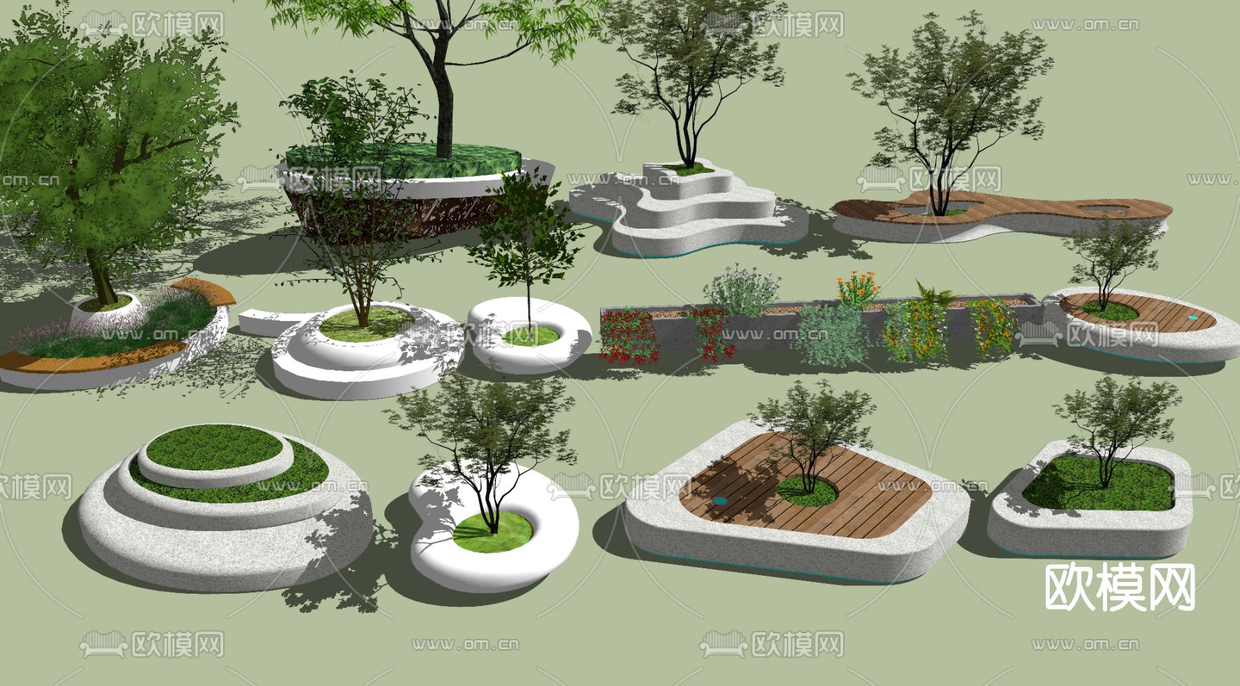 现代树池花坛公用椅su模型下载