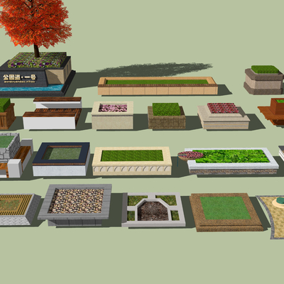  现代树池花坛公用椅su模型 