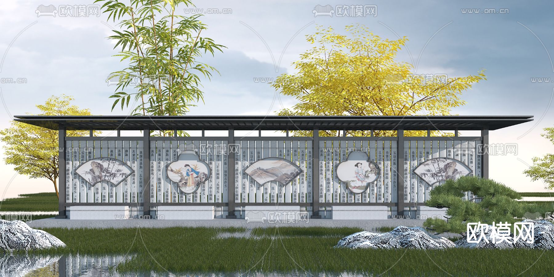 新中式文化长廊景观墙3d模型