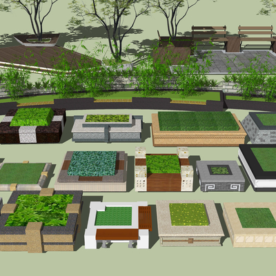  现代树池花坛公用椅su模型 