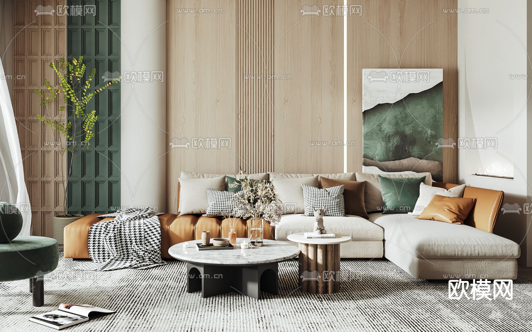 现代布艺转角沙发组合3d模型下载（渲染图3）