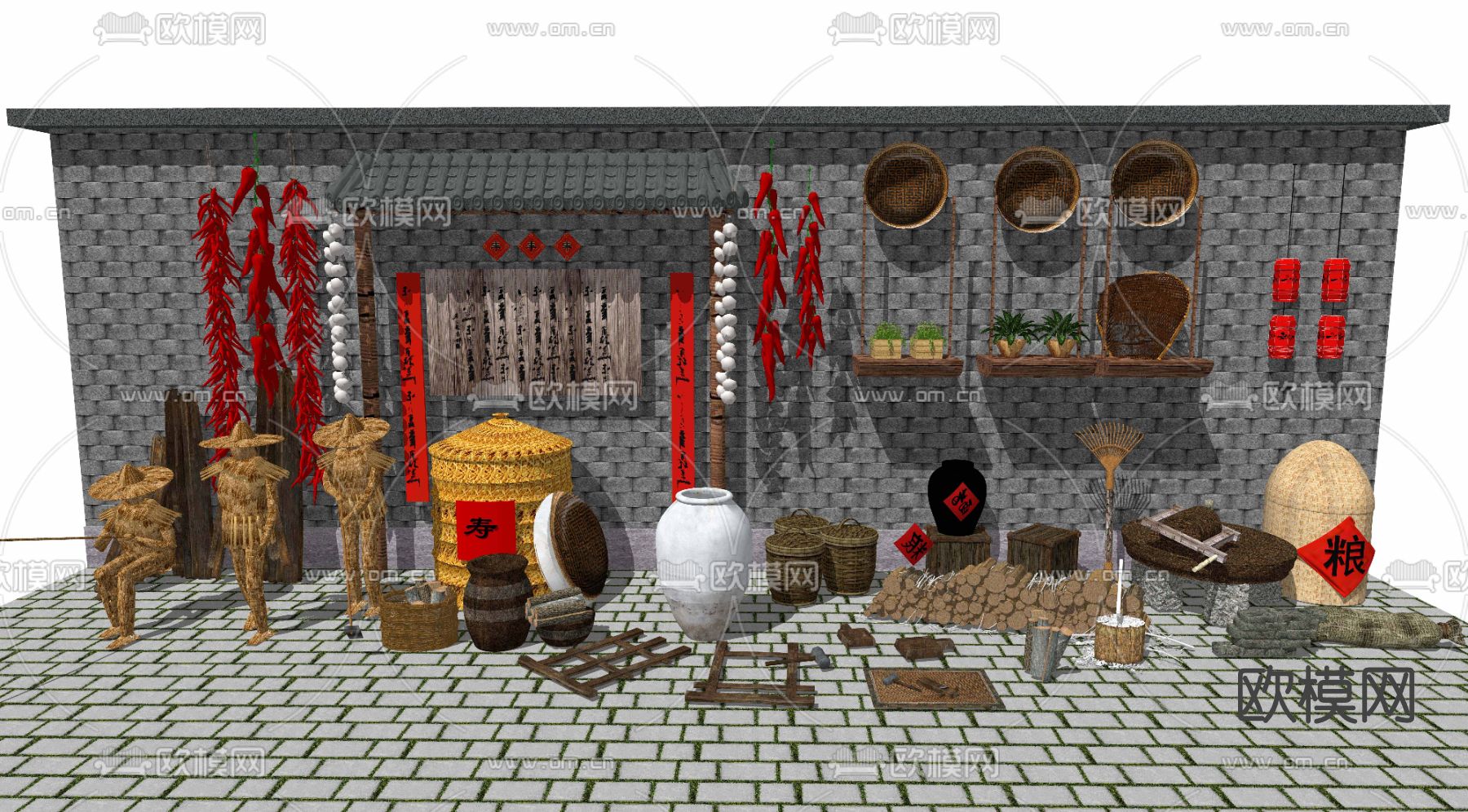 中式农家小院农具su模型下载