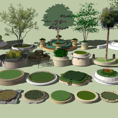  现代树池花坛公用椅su模型 