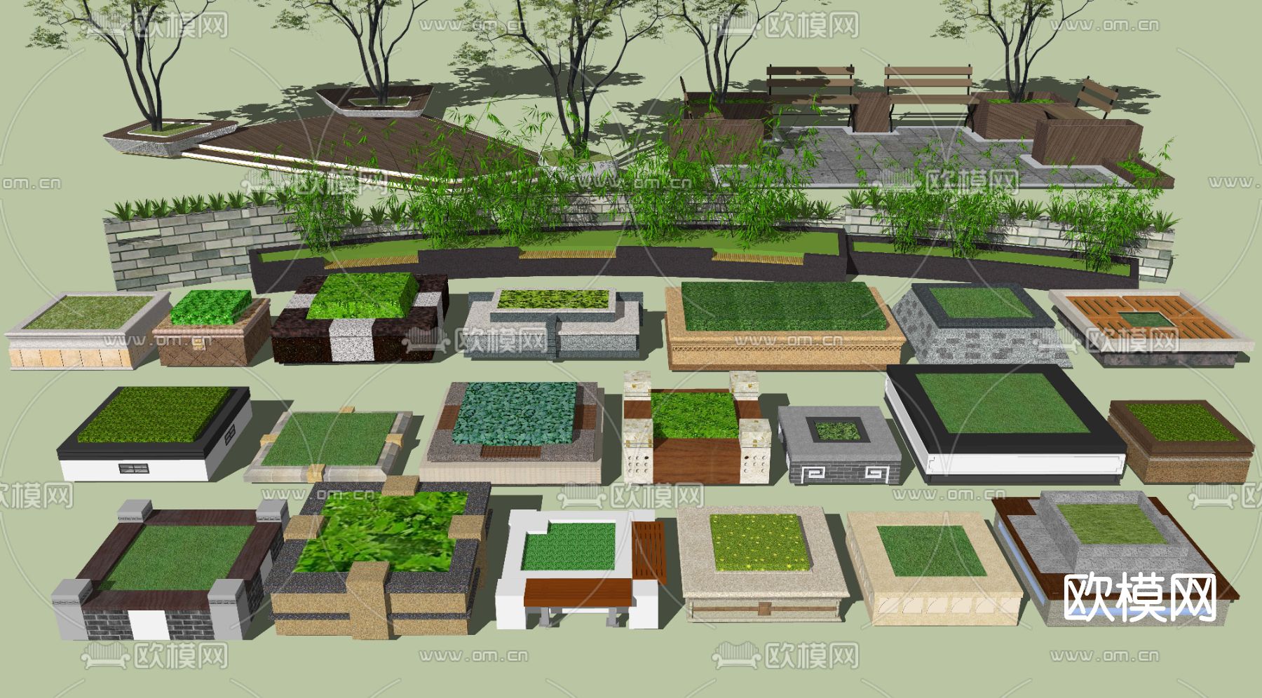 现代树池花坛公用椅su模型下载