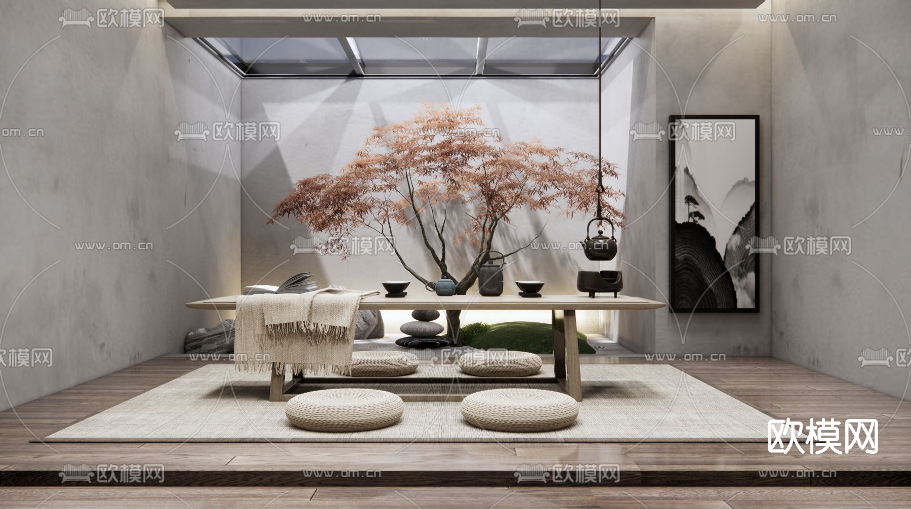 新中式实木茶桌椅su模型下载（渲染图1）