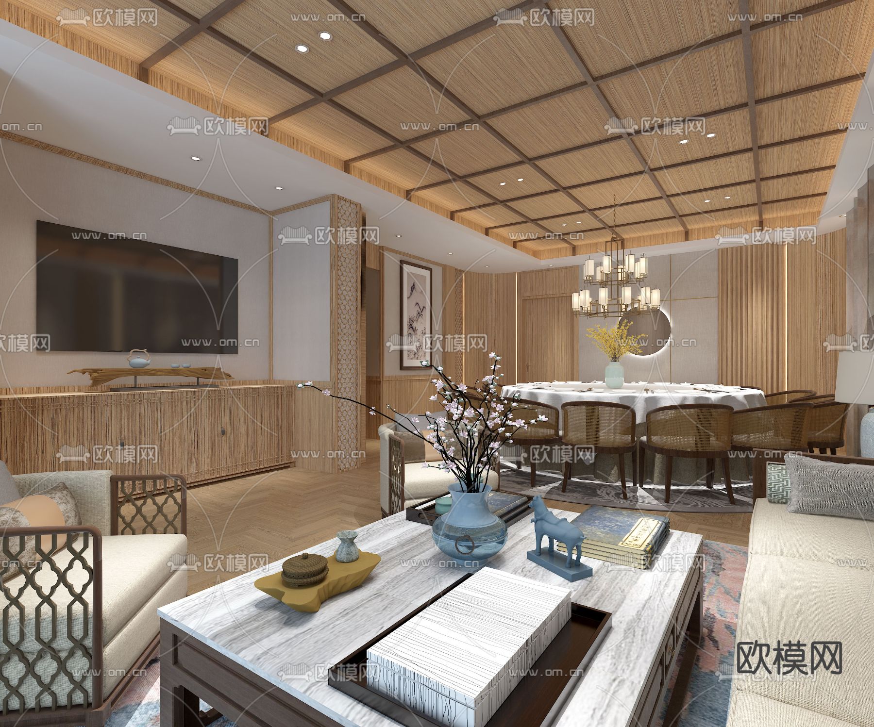 新中式餐厅包间免费3d模型下载（渲染图2）