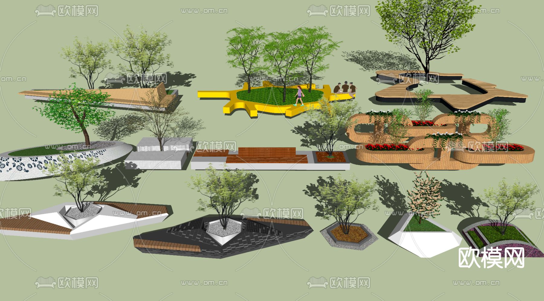 现代树池花坛公用椅su模型下载