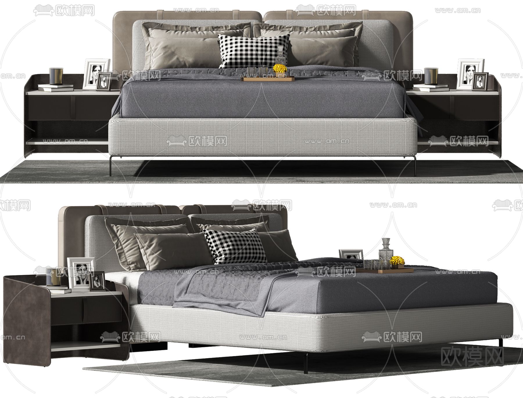 现代布艺双人床3d模型下载