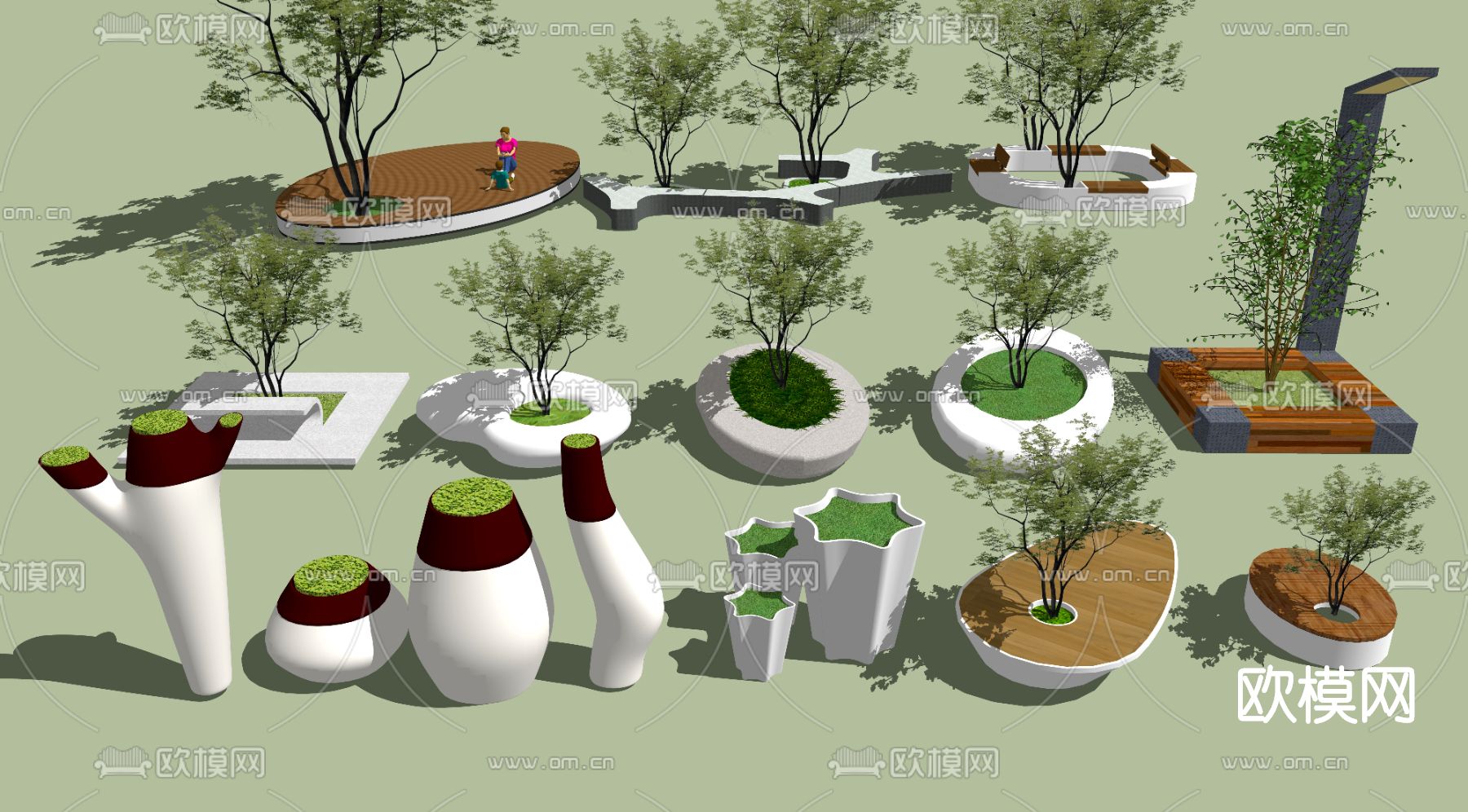 现代树池花坛公用椅su模型下载