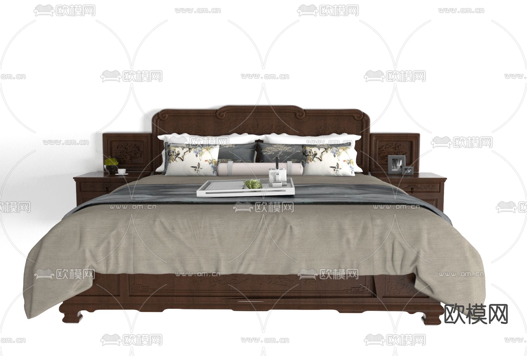 新中式实木双人床免费3d模型下载