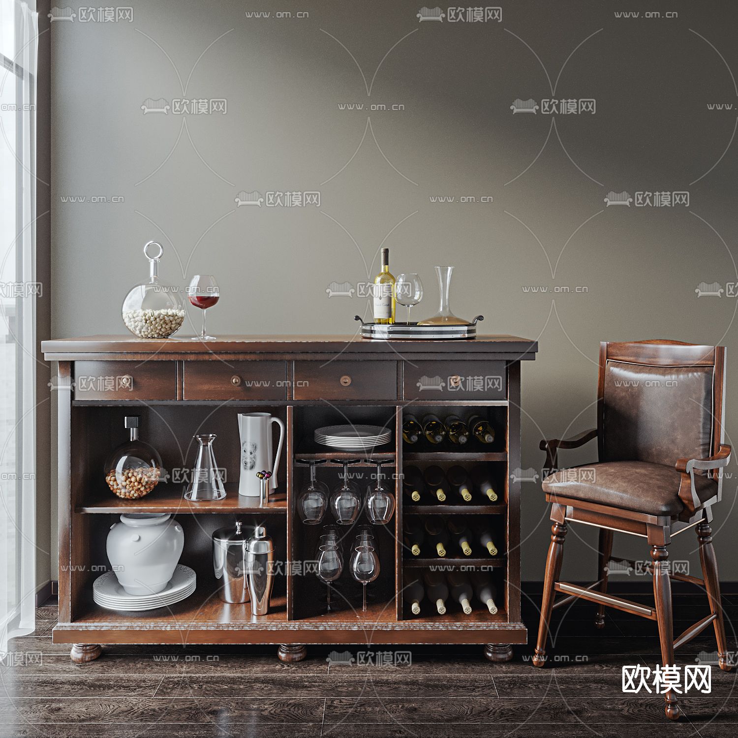美式实木餐边柜3d模型下载