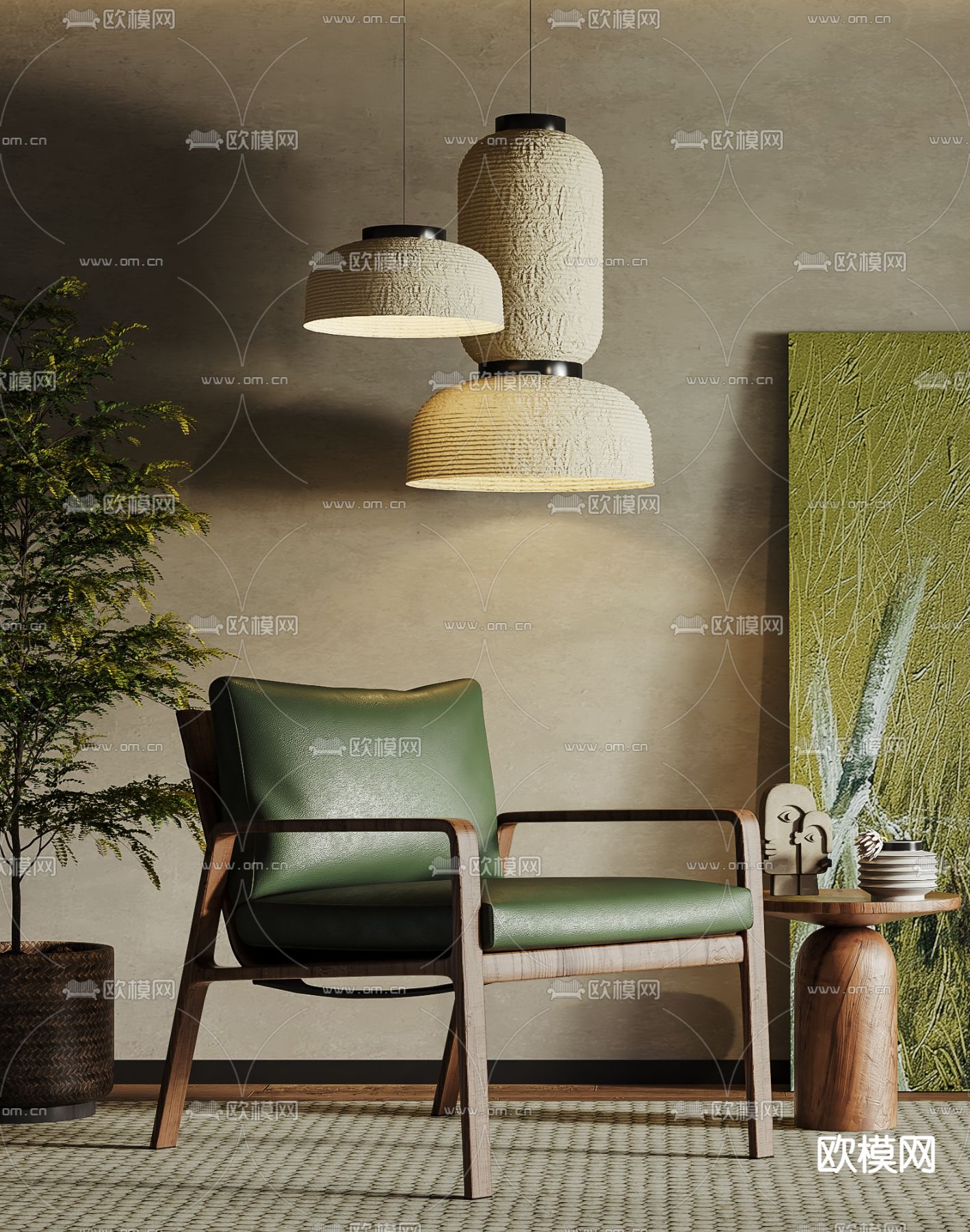 侘寂风皮革休闲椅3d模型下载（渲染图2）