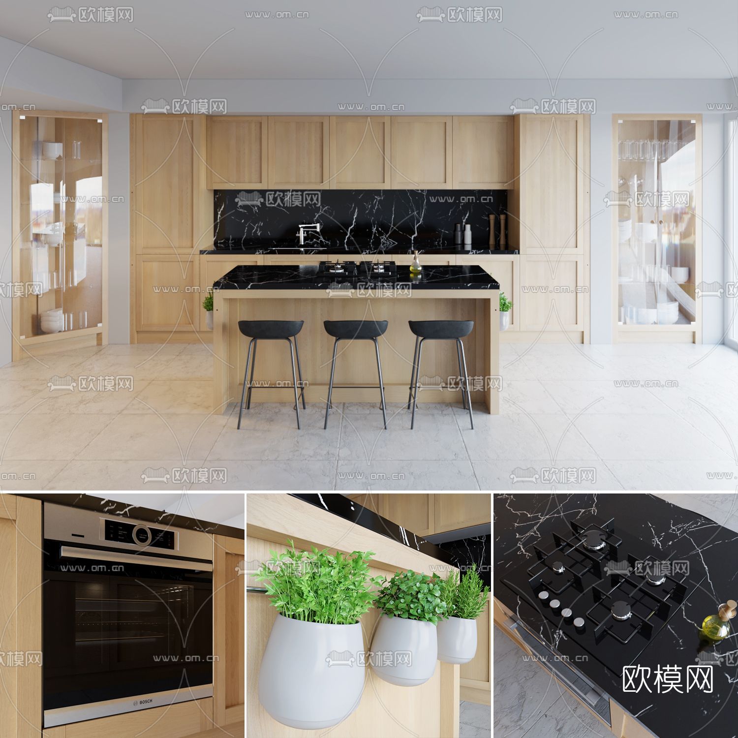 现代橱柜餐桌椅免费3d模型下载