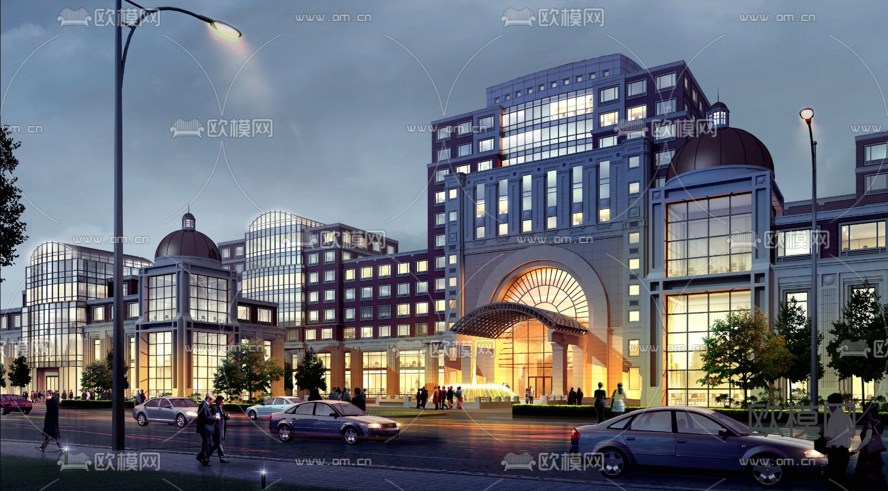 欧式酒店夜景建筑外观3d模型下载