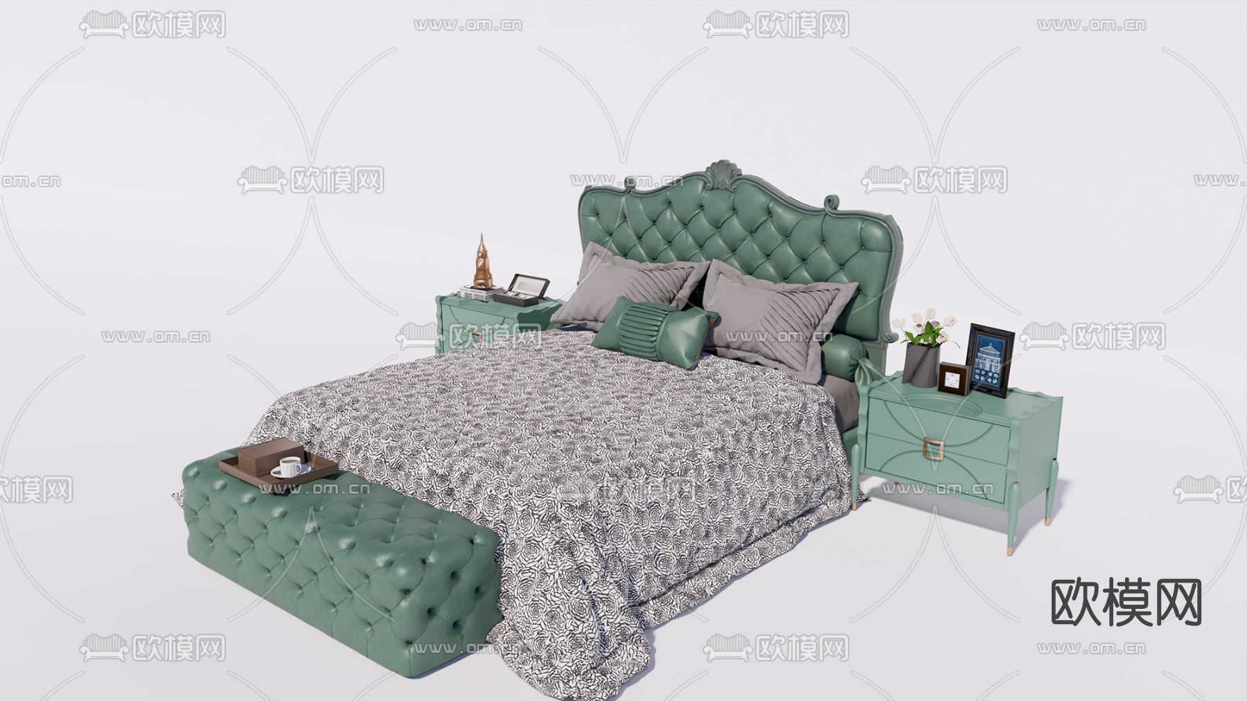 欧式皮革双人床su模型下载（渲染图1）