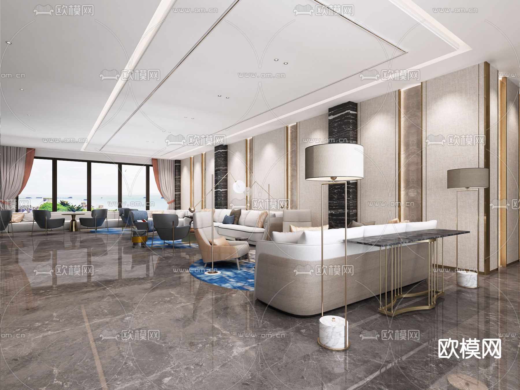 新中式酒店大堂免费3d模型下载（渲染图1）
