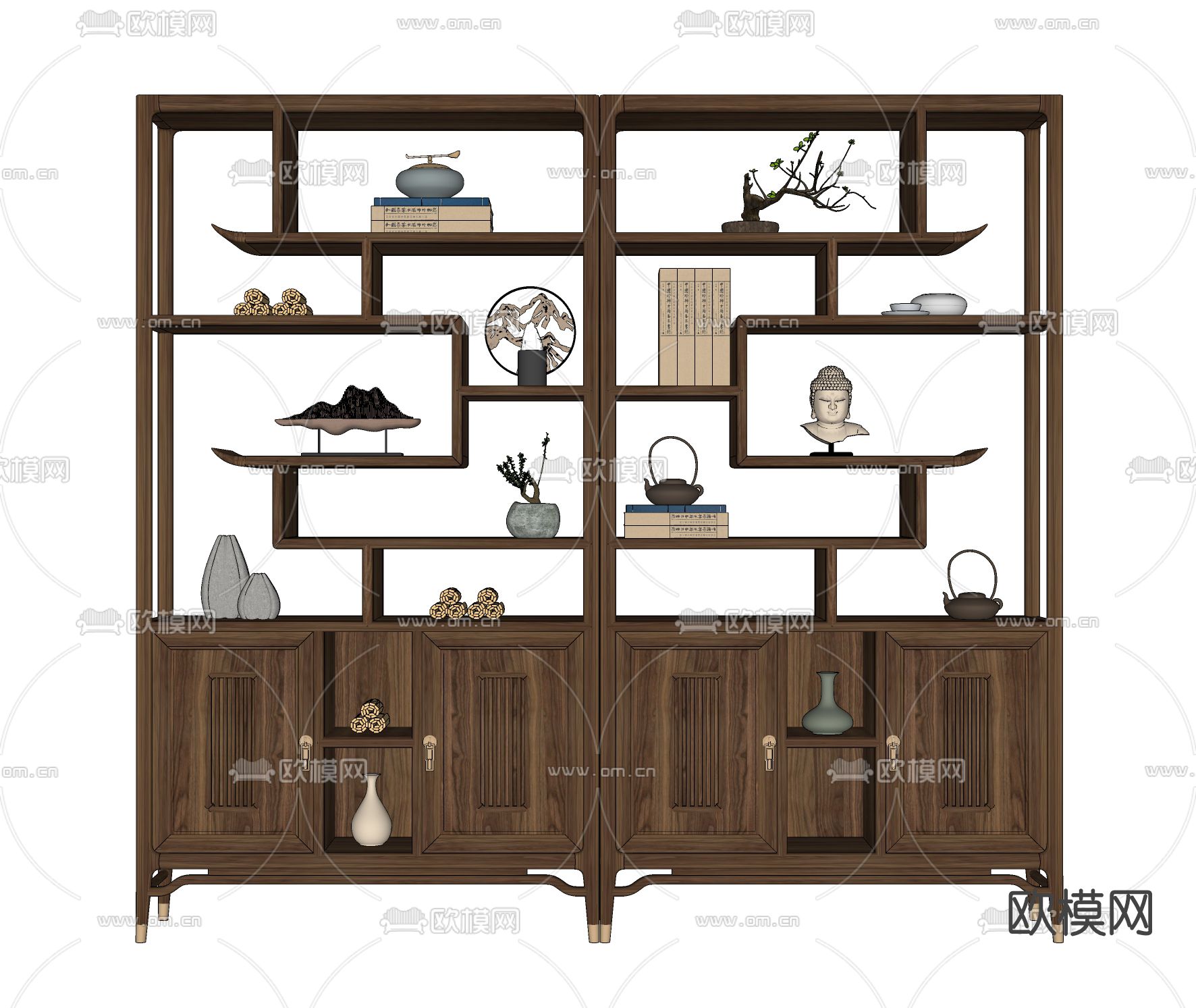 新中式实木博古架su模型下载（渲染图2）
