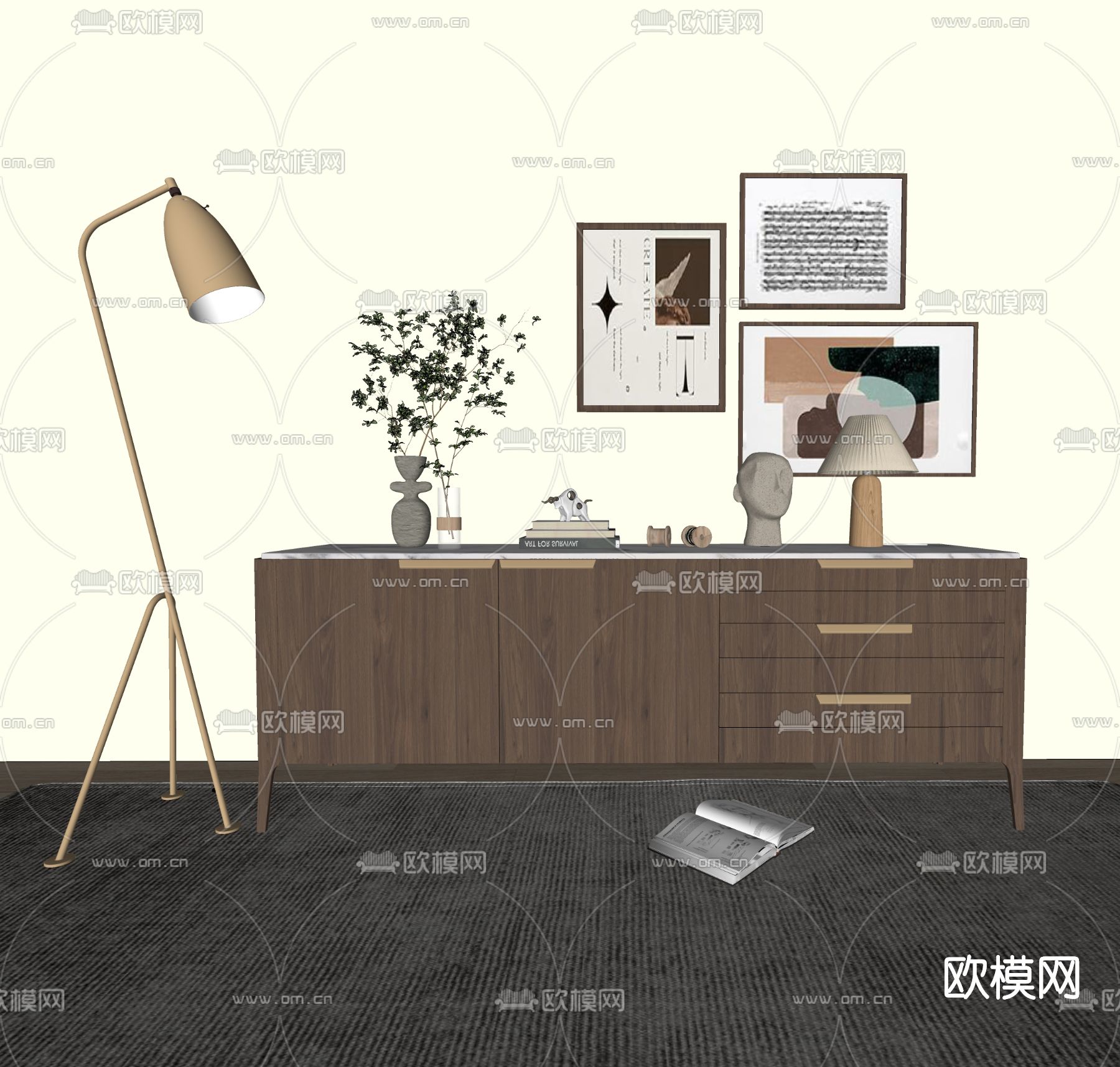 北欧实木边柜su模型下载（渲染图2）