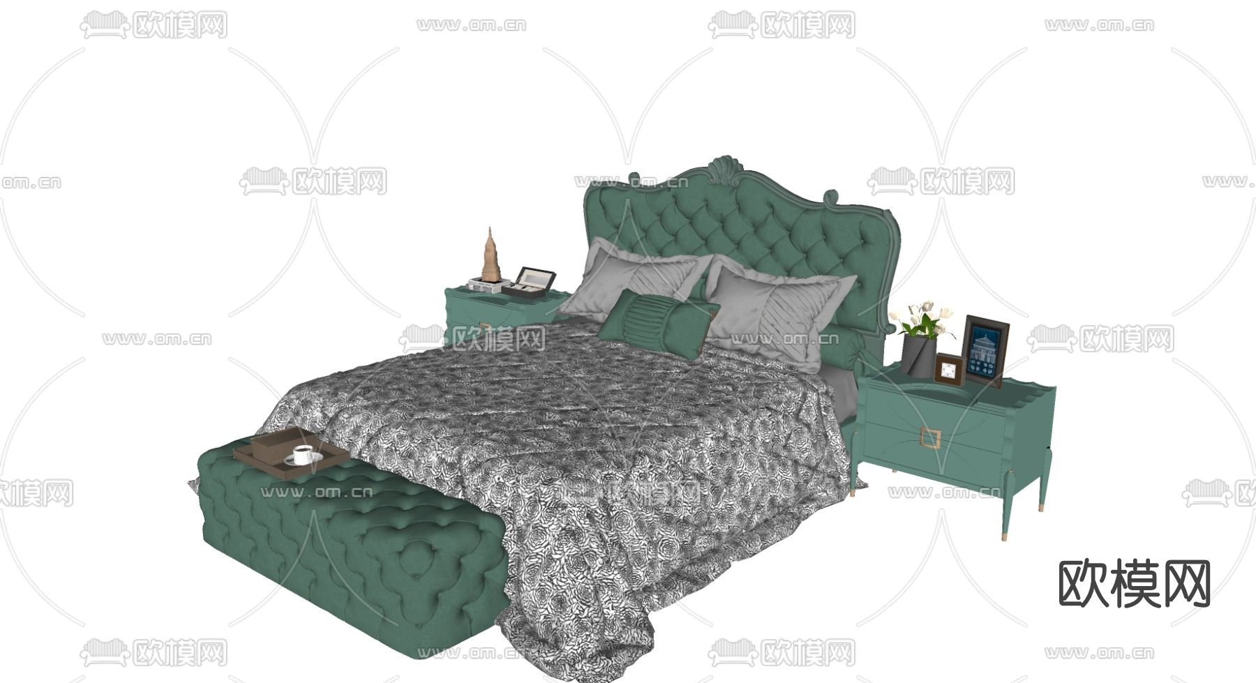 欧式皮革双人床su模型下载（渲染图2）