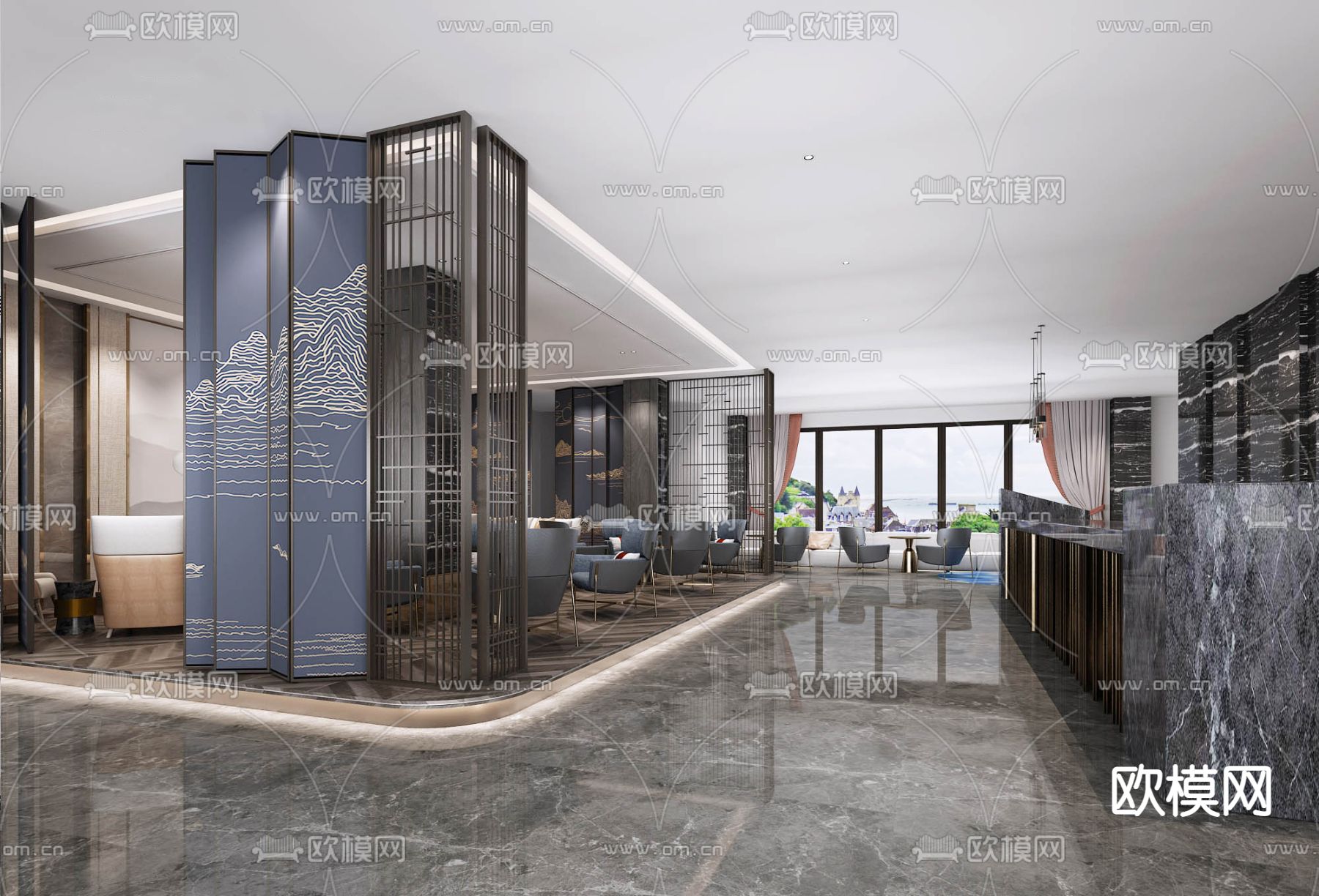 新中式酒店大堂免费3d模型下载（渲染图3）