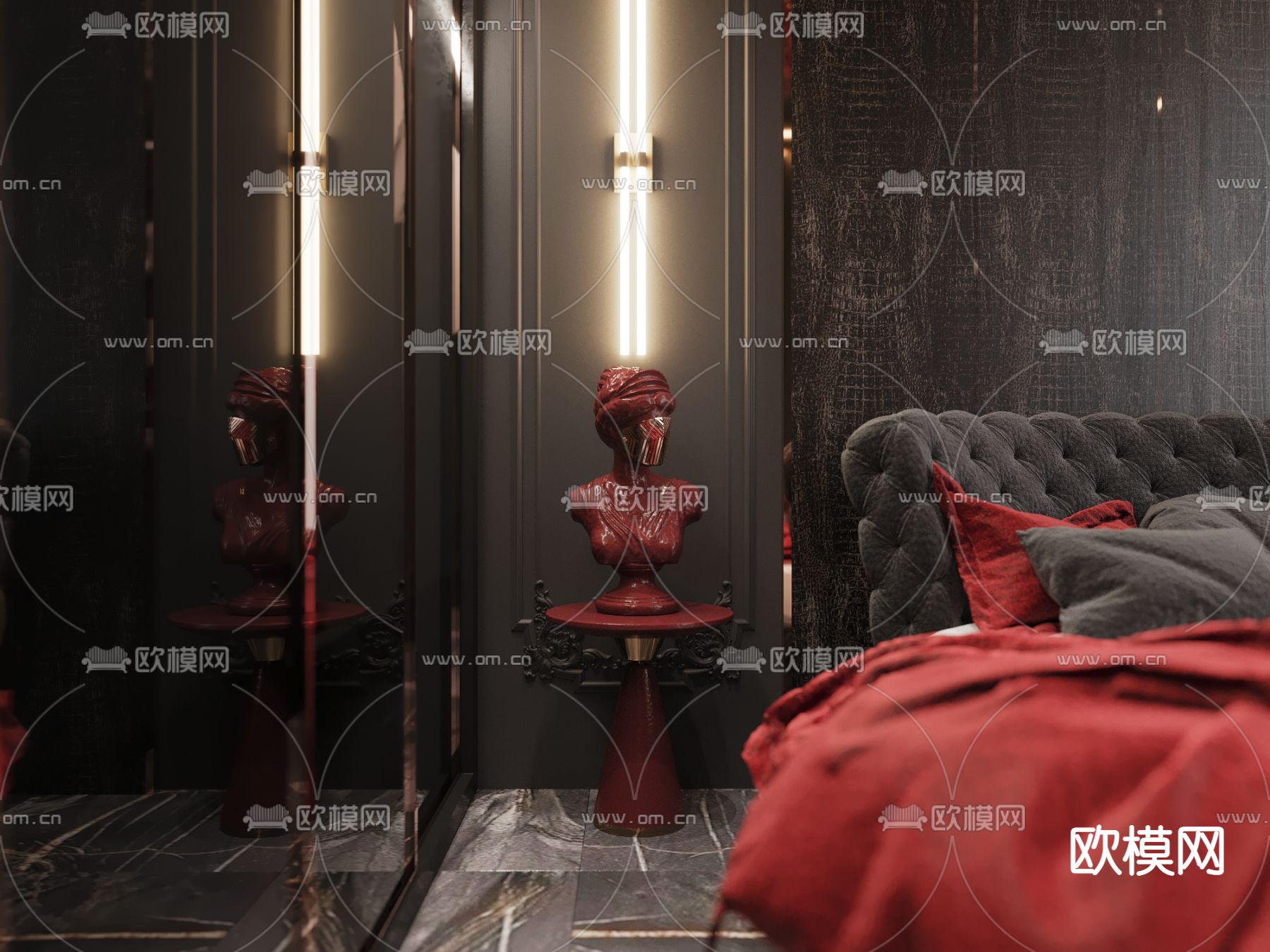 欧式高级灰圆床卧室主人房3d模型下载（渲染图2）