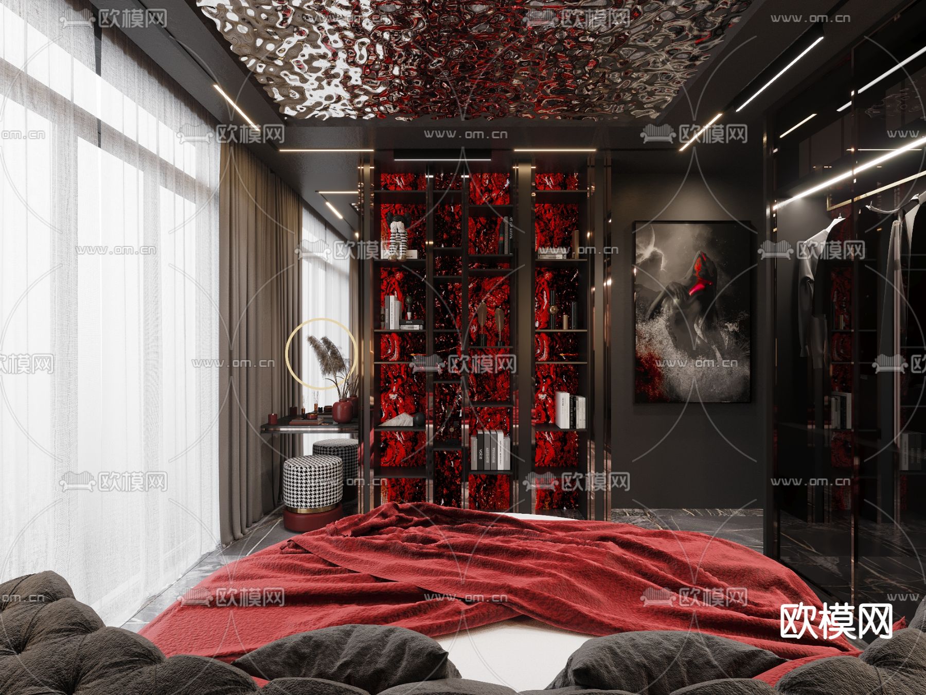 欧式高级灰圆床卧室主人房3d模型下载（渲染图4）