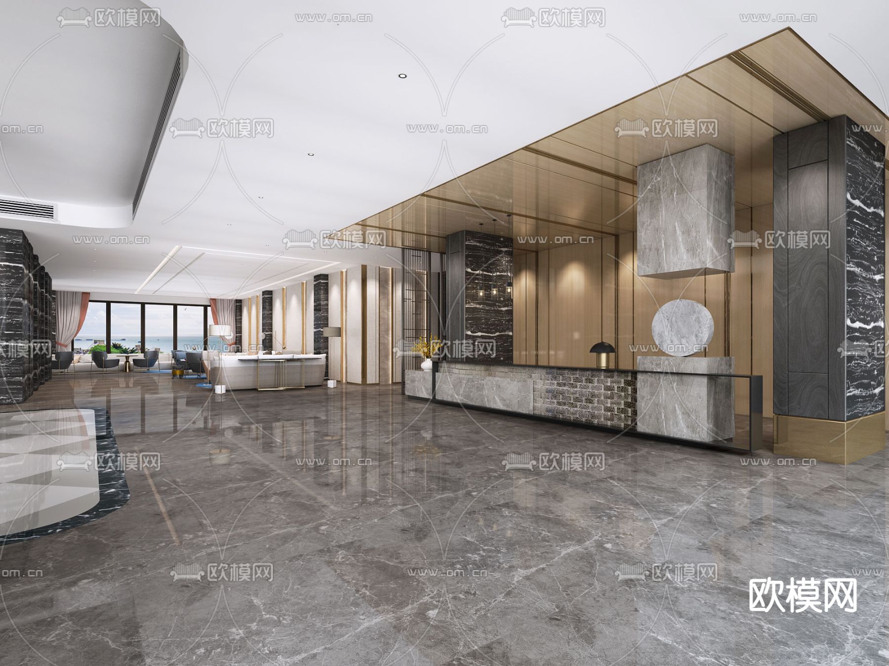 新中式酒店大堂免费3d模型下载（渲染图2）