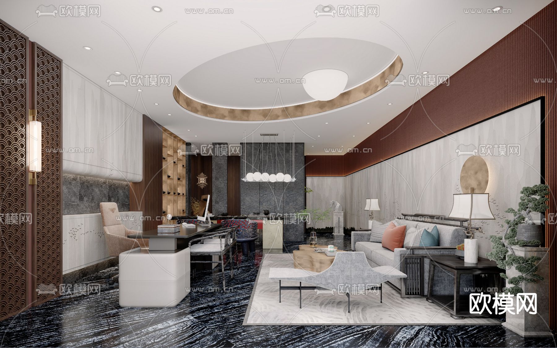 新中式总经理办公室3d模型下载（渲染图1）