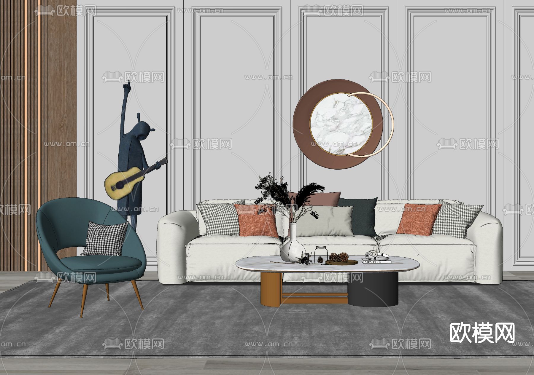 现代布艺沙发组合su模型下载（渲染图2）