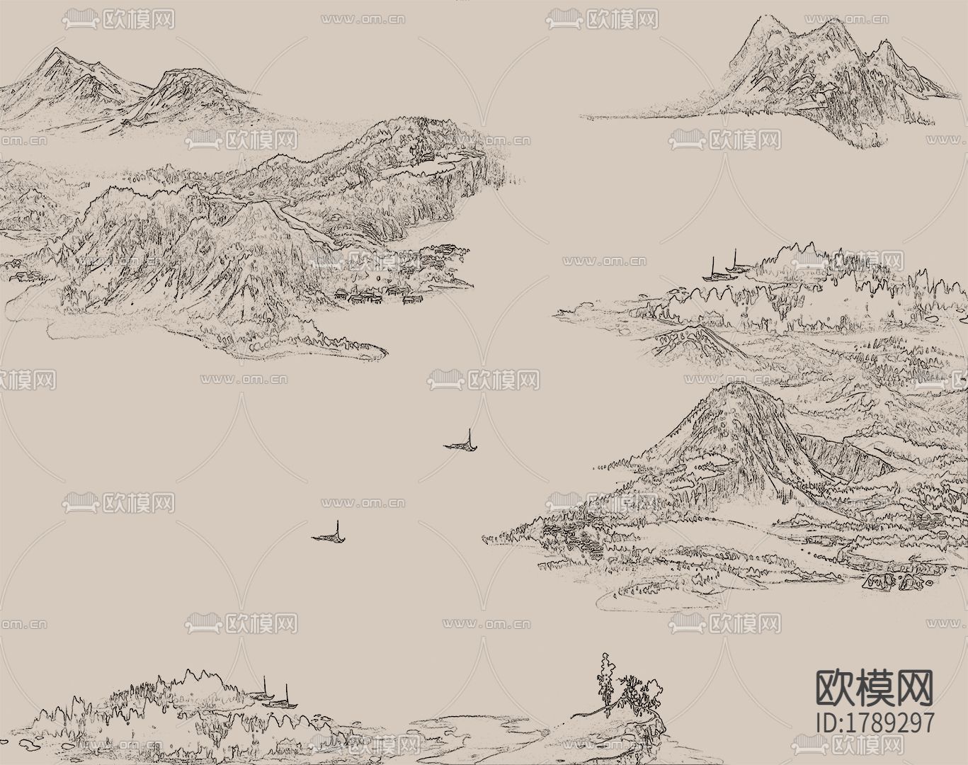 新中式线条山水壁纸下载（渲染图3）