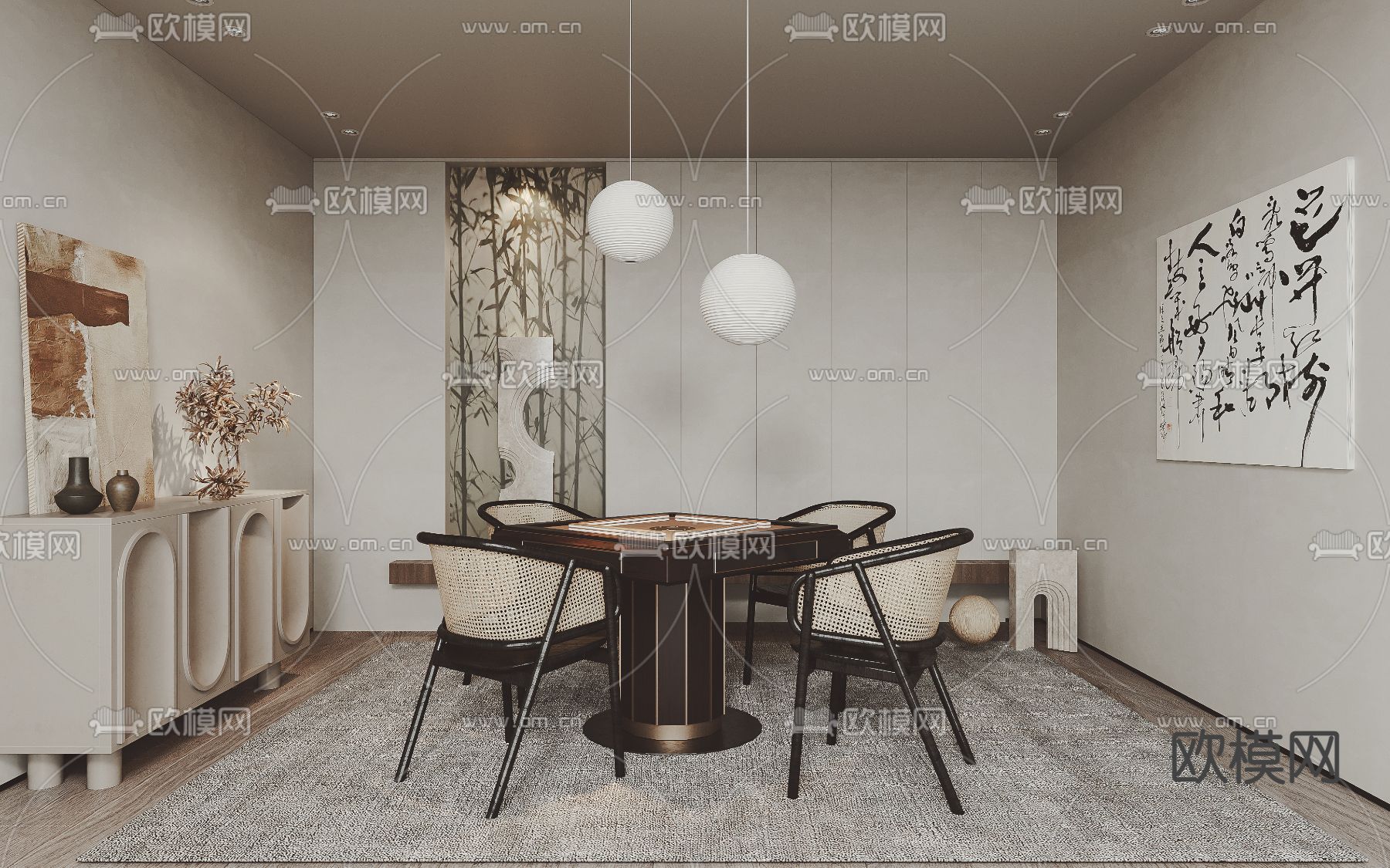侘寂风麻将房棋牌室3d模型下载