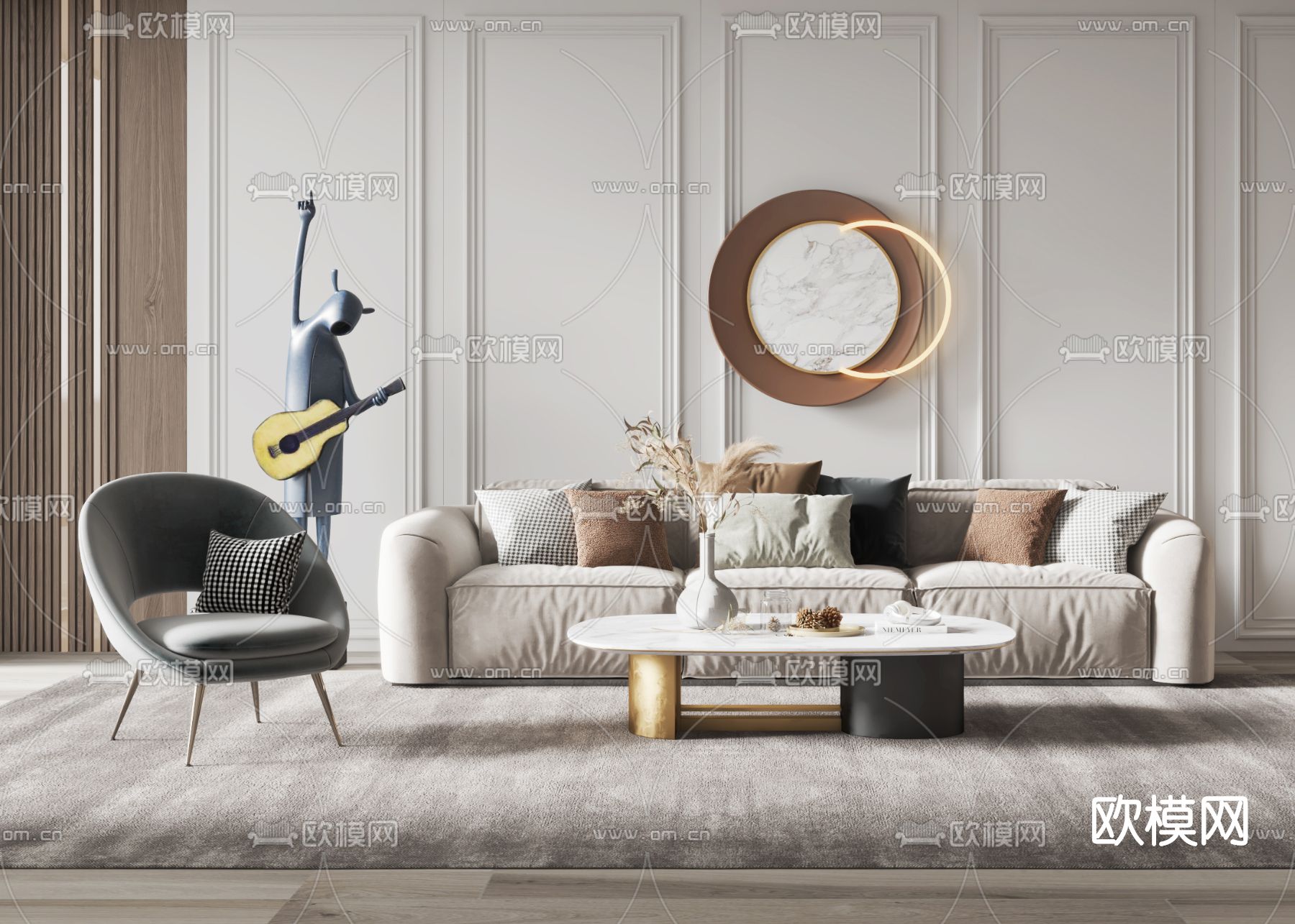 现代布艺沙发组合su模型下载（渲染图1）