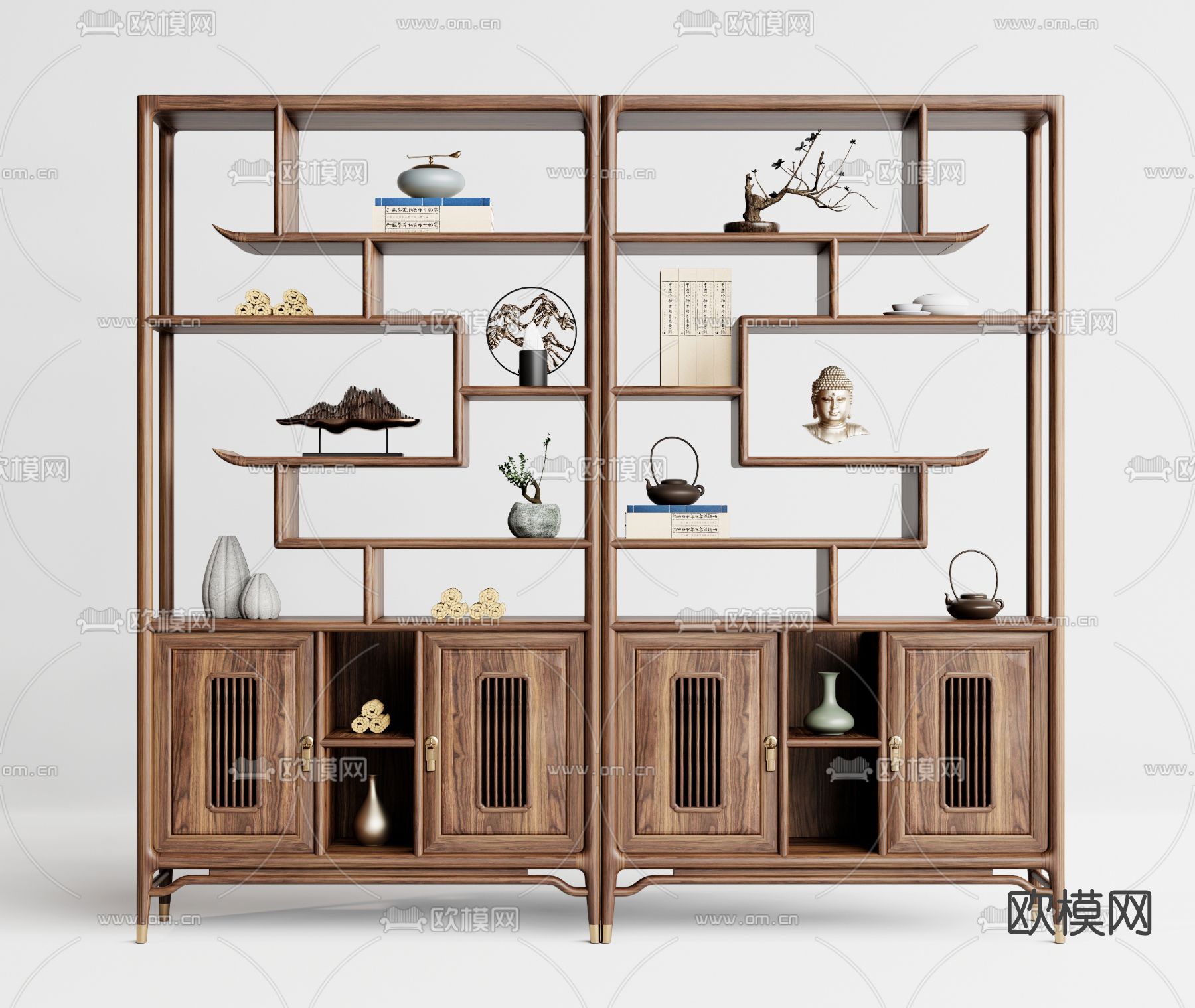 新中式实木博古架su模型下载（渲染图1）