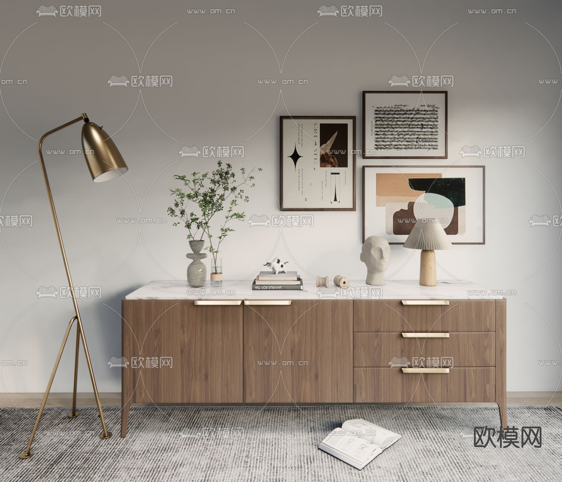 北欧实木边柜su模型下载（渲染图1）