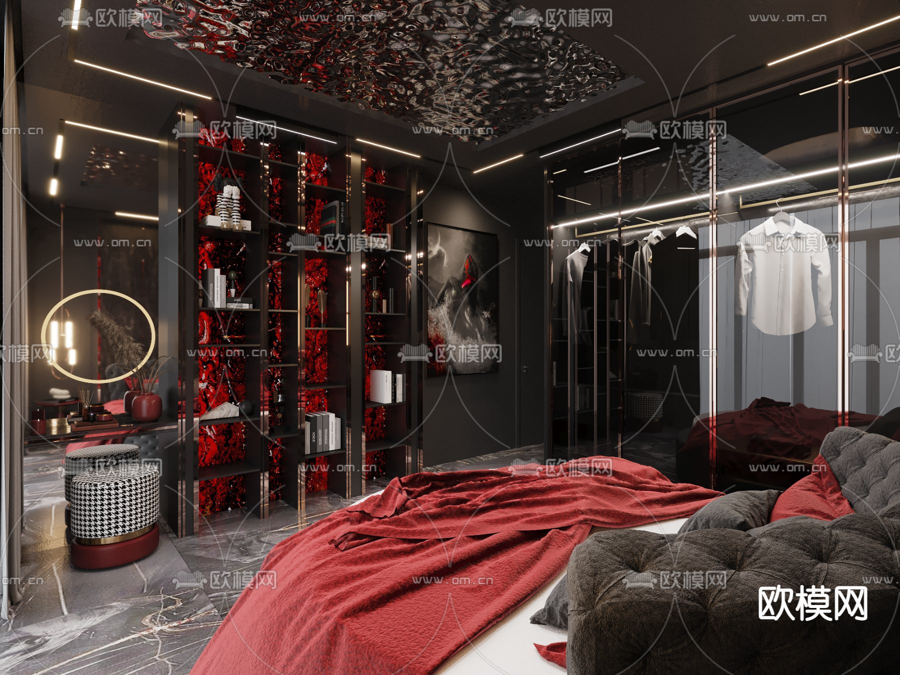 欧式高级灰圆床卧室主人房3d模型下载（渲染图3）