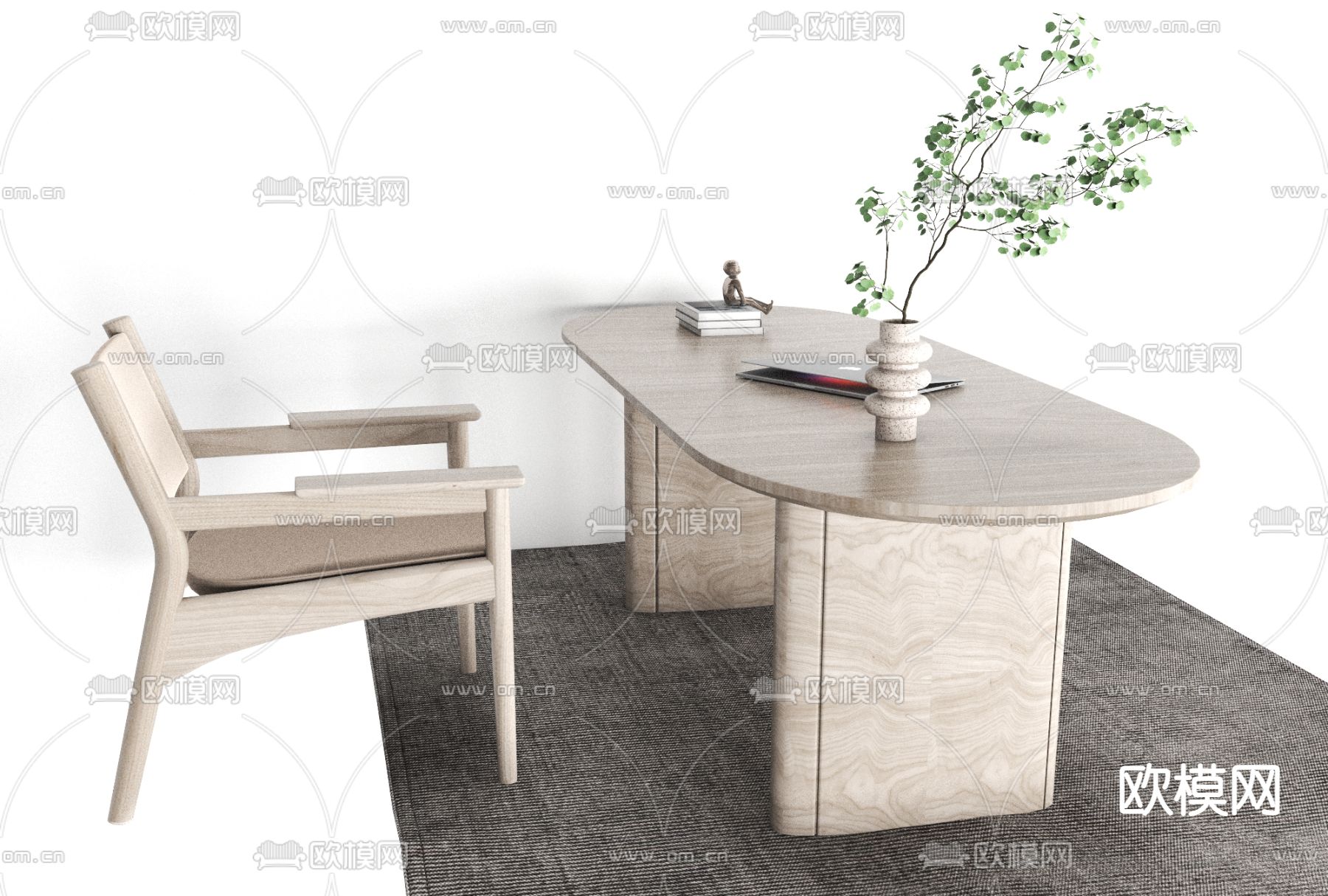 侘寂实木书桌椅免费3d模型下载