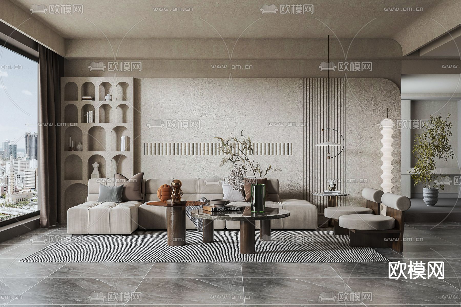 侘寂风布艺转角沙发组合3d模型