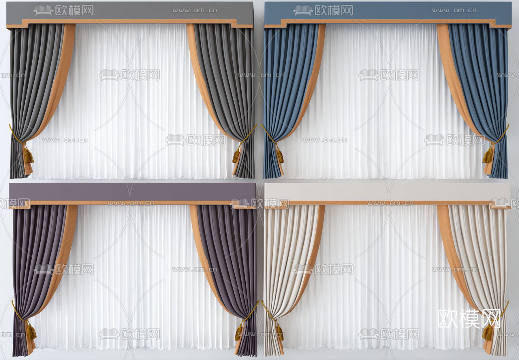 新中式布艺窗帘3d模型下载