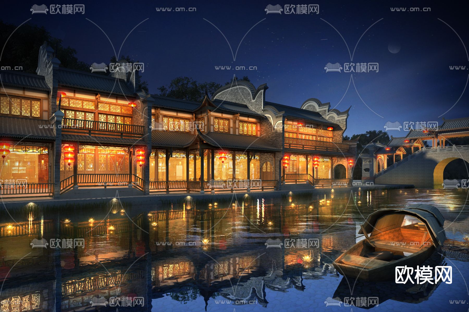 中式古建马头墙商业街夜景3d模型下载