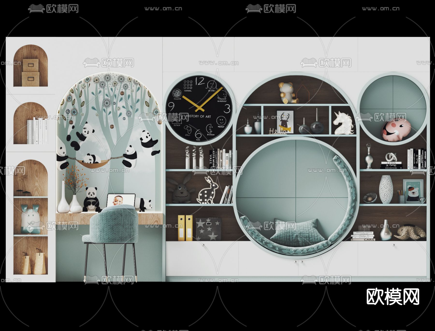 现代儿童房一体式书柜书桌3d模型下载