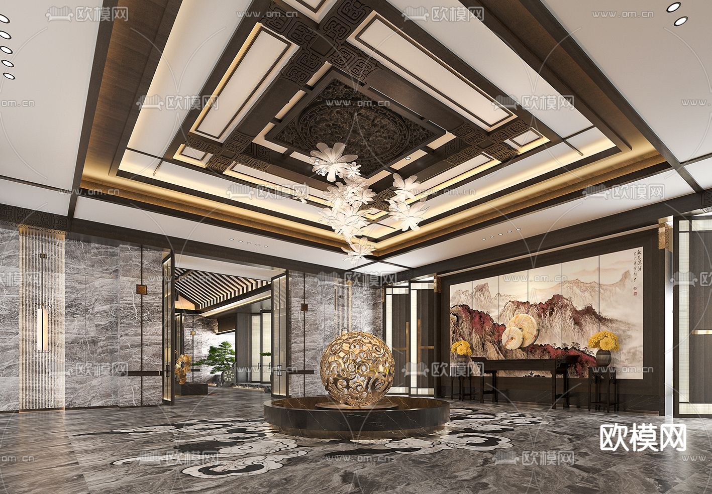 新中式酒店会所大堂3d模型