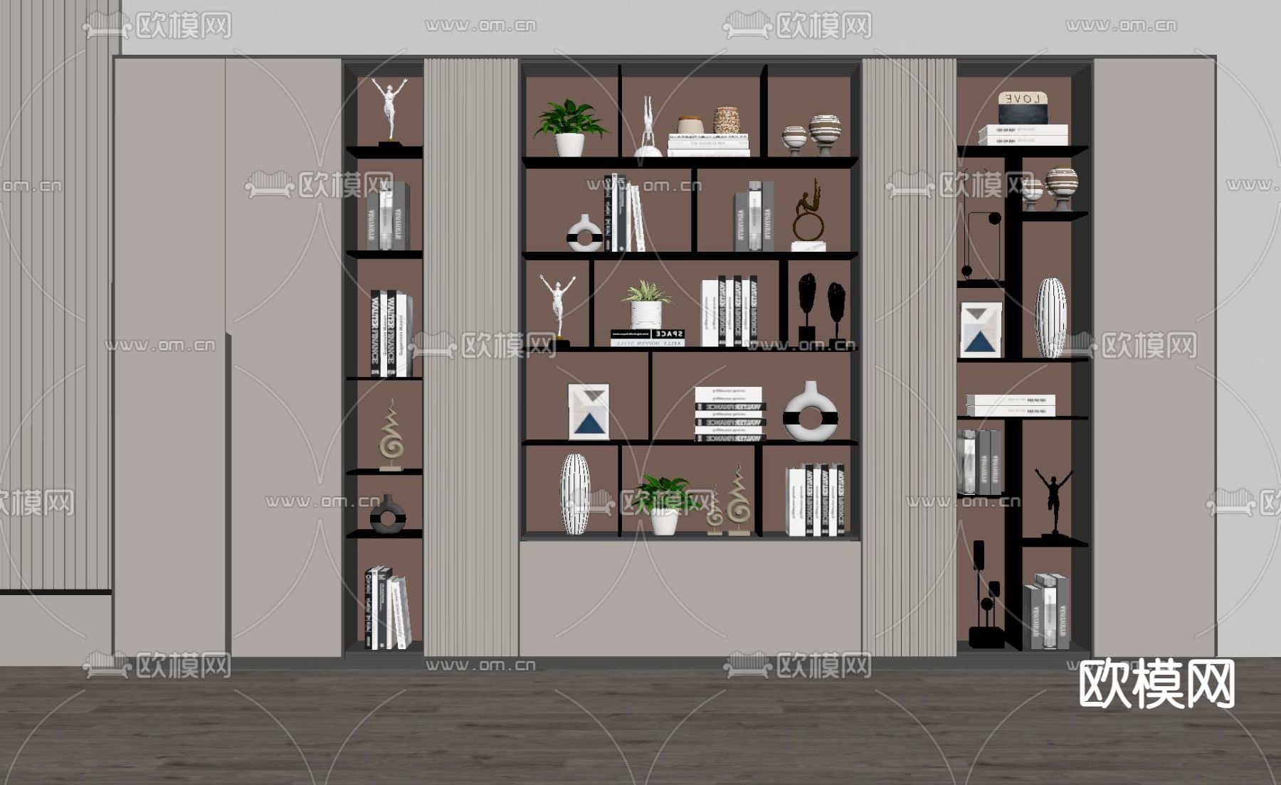 现代轻奢书柜su模型下载（渲染图2）