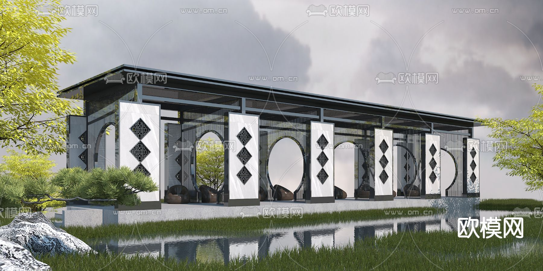 新中式休闲长廊3d模型下载_ID11642673_3dmax免费模型-欧模网