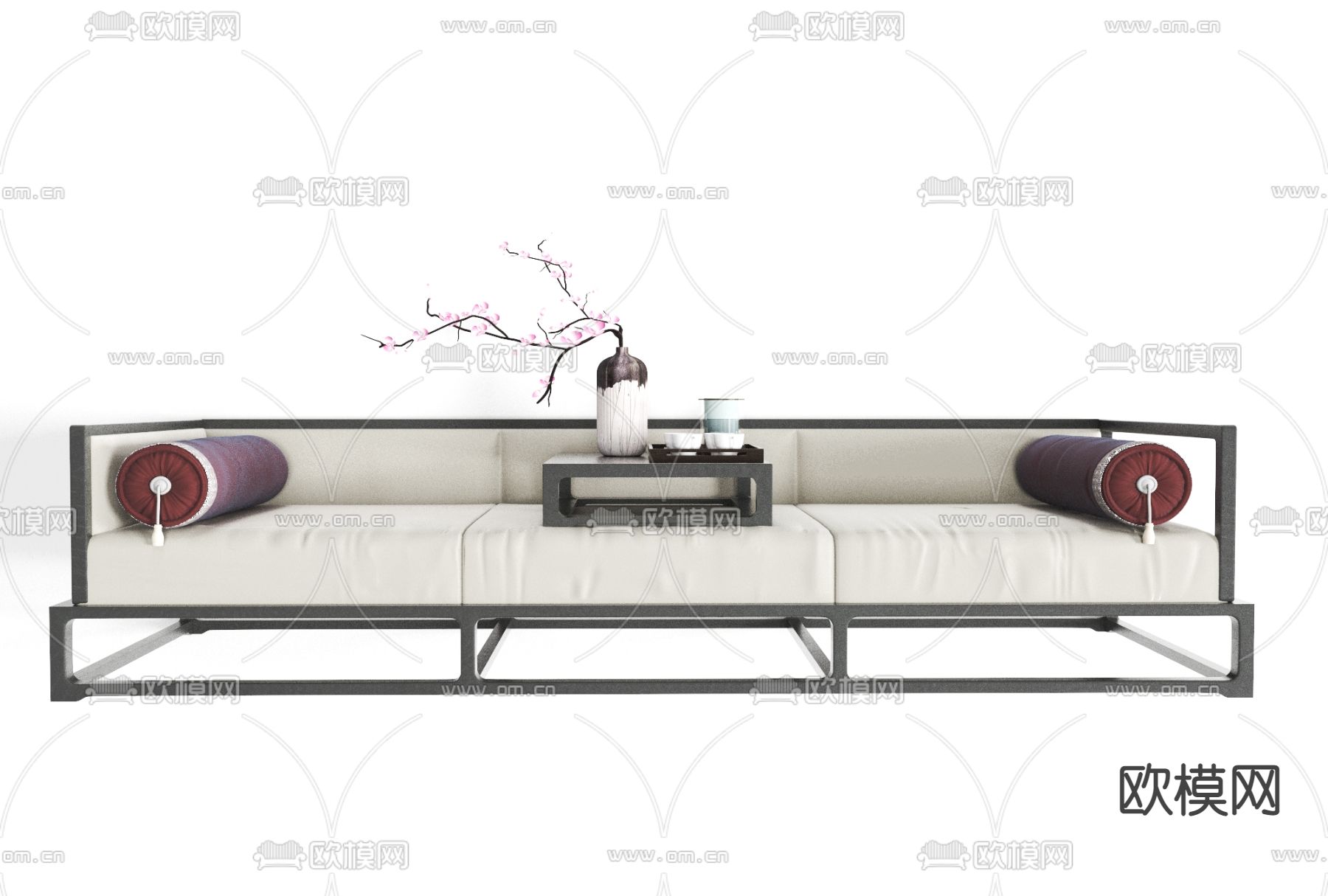 新中式布艺多人沙发免费3d模型下载